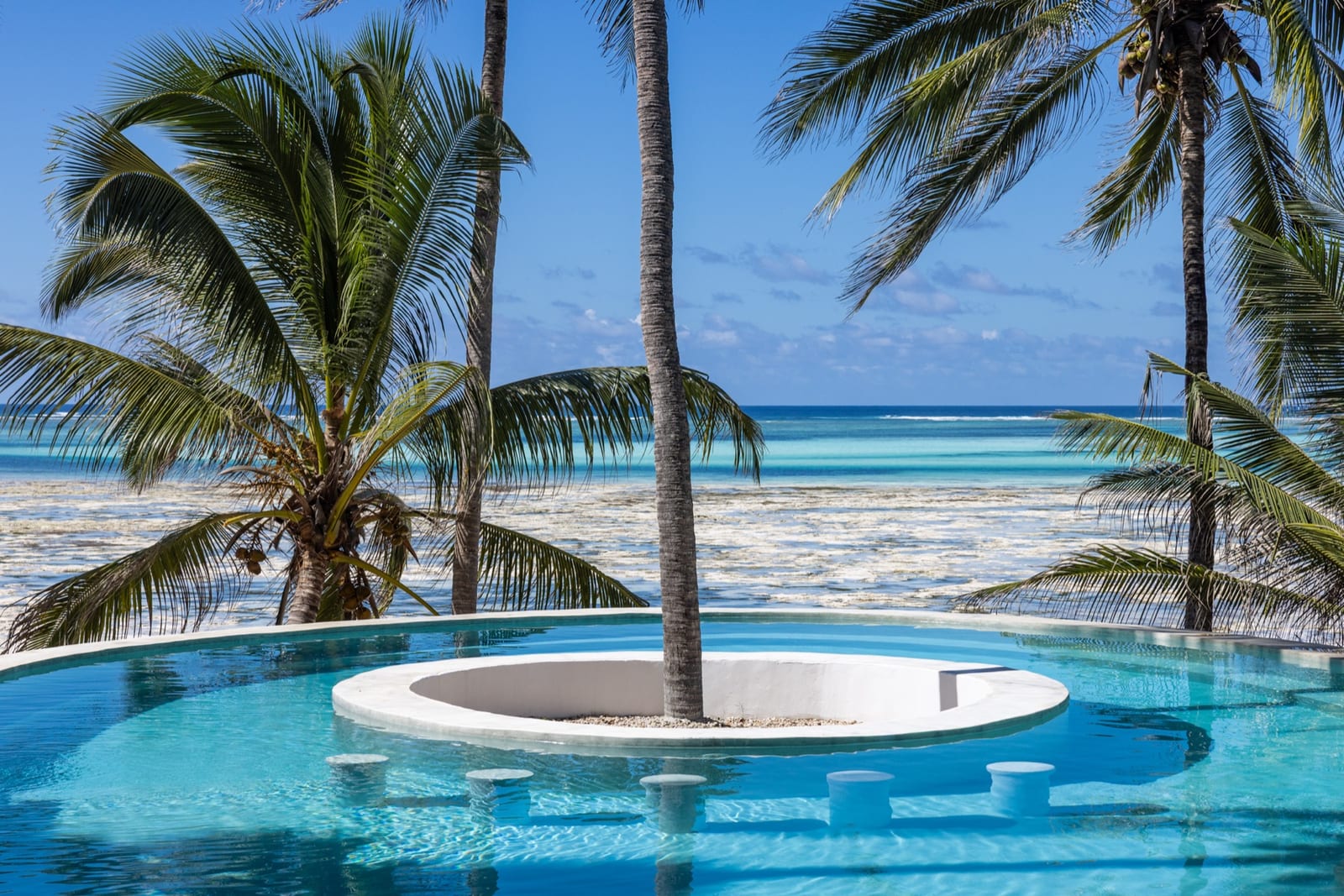 Asili House pool with the ocean behind it