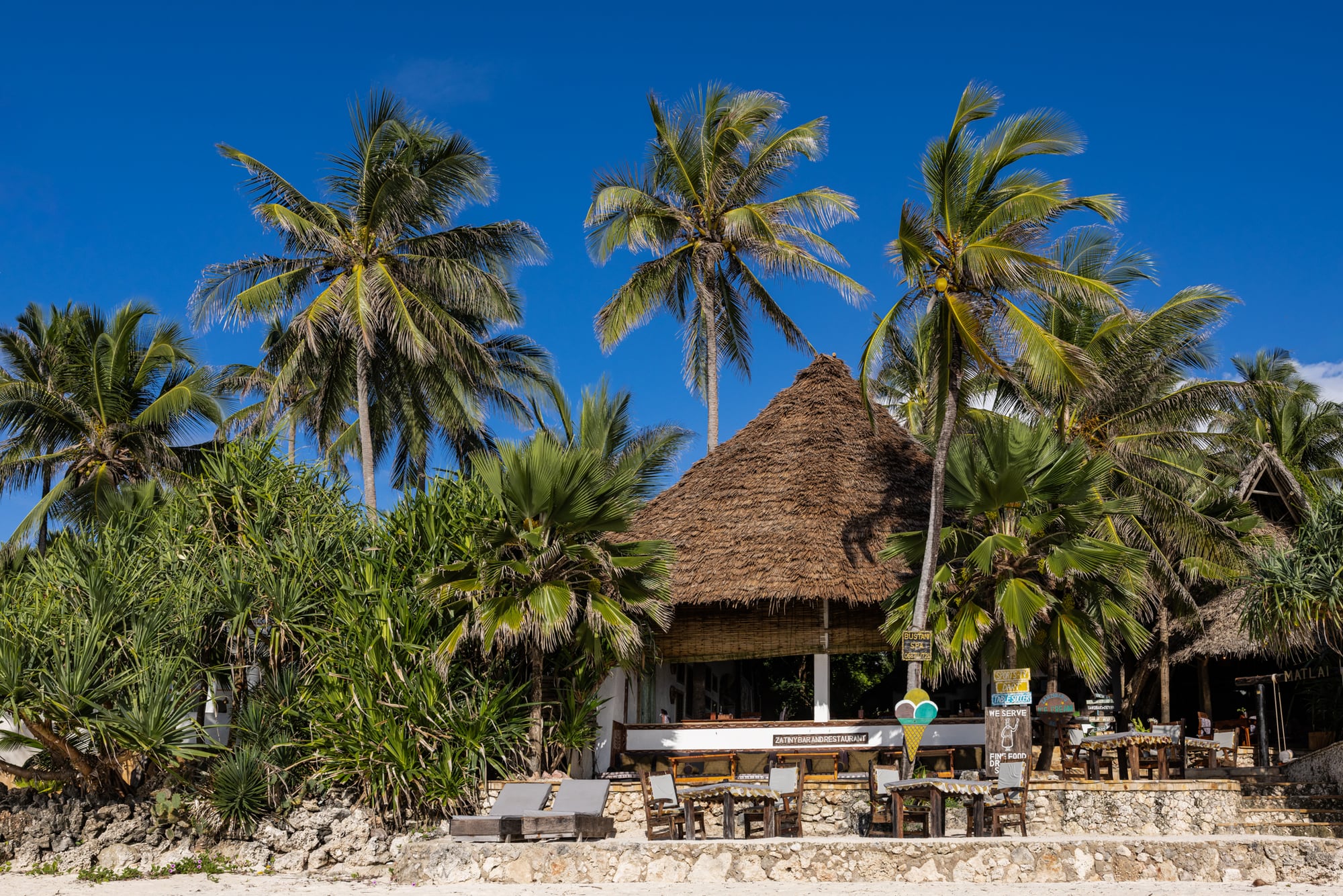 Zatiny seen from the beach: a makuti roof under the palms, tables set out on the terrace.