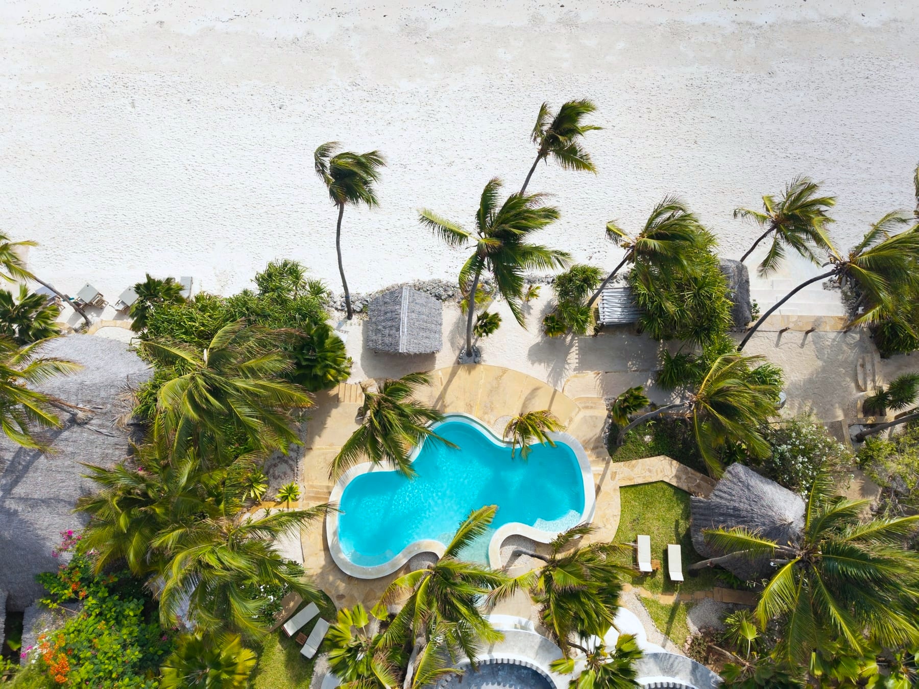Drone view of Villa Kidosho private pool and beach at Boutique Hotel Matlai, Michamvi Pingwe, Zanzibar