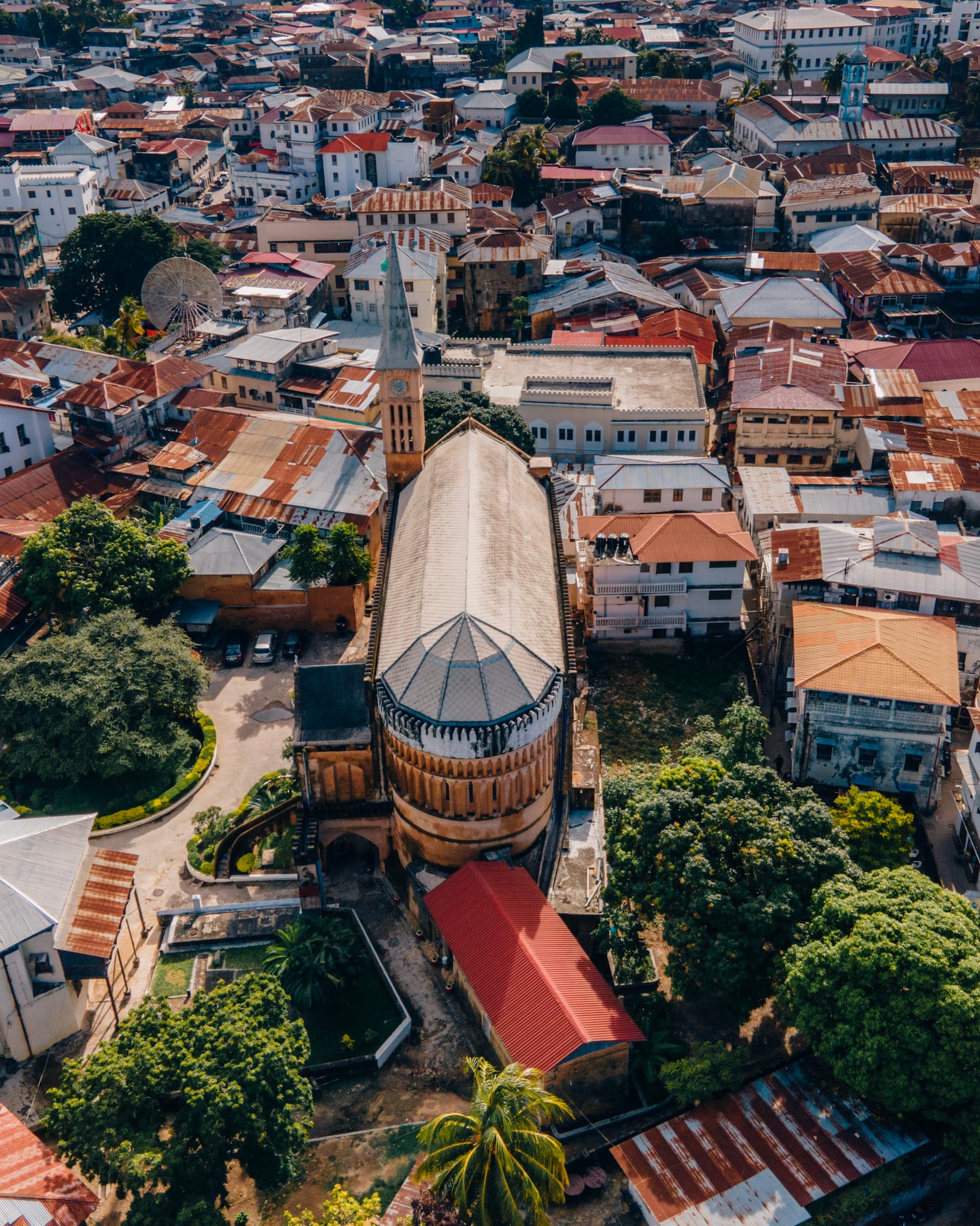 Stone Town from the air, the cathedral tower above the old roofs