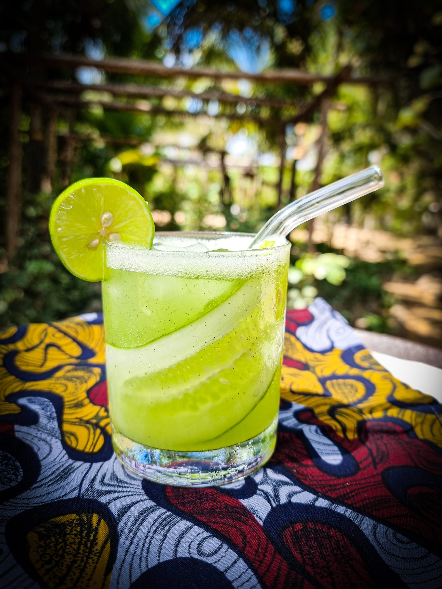 A cucumber and lime cooler in a tall glass at Zatiny.